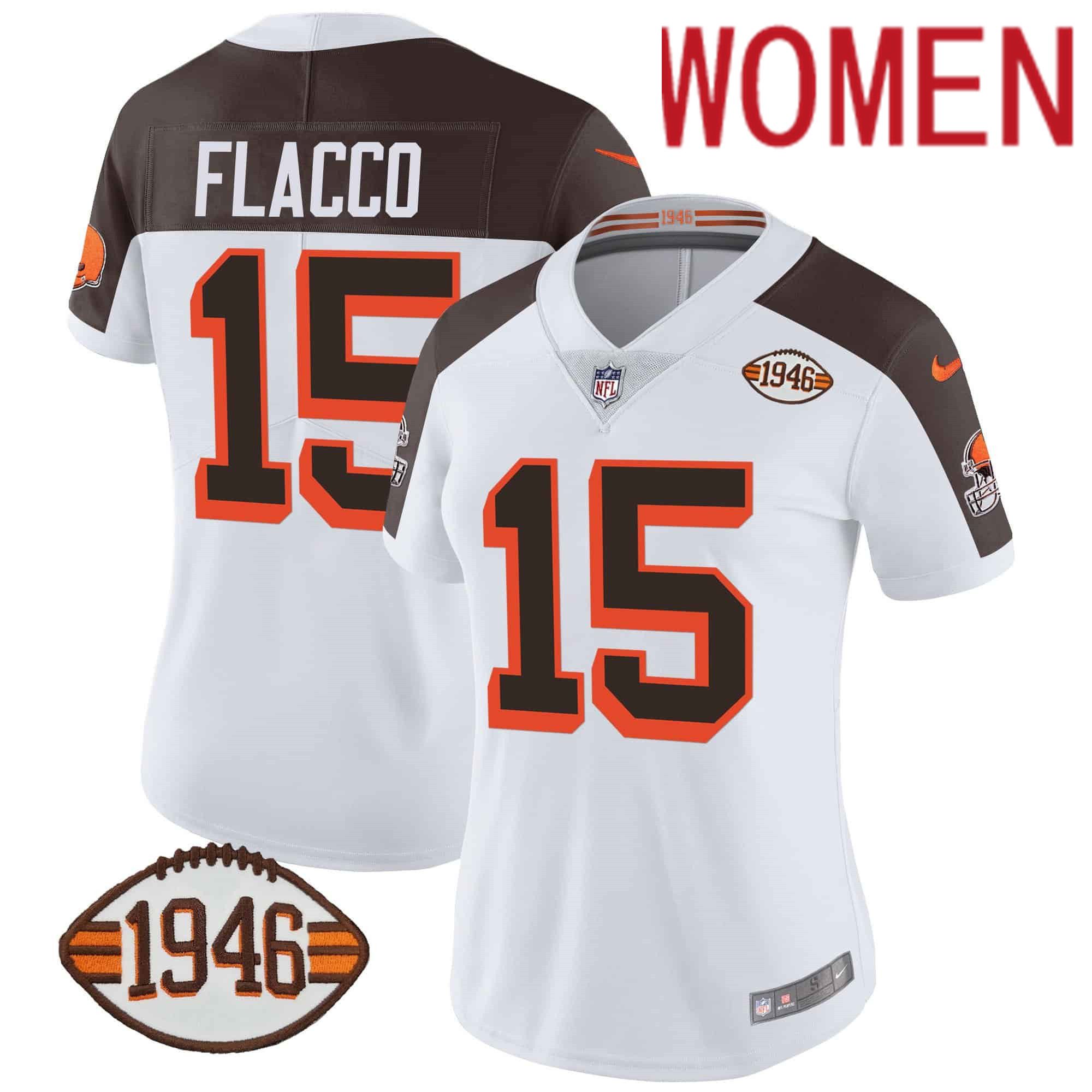 Women Cleveland Browns #15 Flacco White 1946 75th Anniversary Patch 2024 Nike NFL Jersey style 1